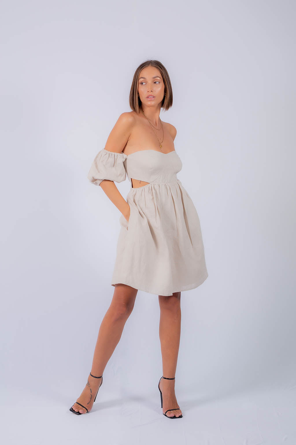 Amelia Linen Mini off Shoulder Dress with Bustier Bodice