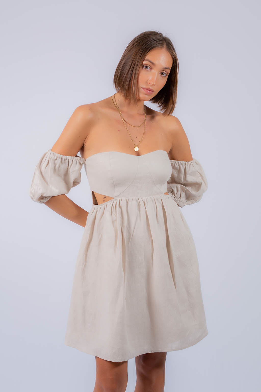 Amelia Linen Mini off Shoulder Dress with Bustier Bodice