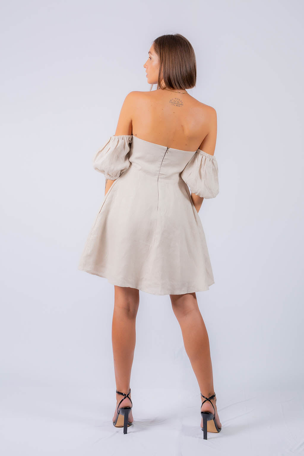 Amelia Linen Mini off Shoulder Dress with Bustier Bodice