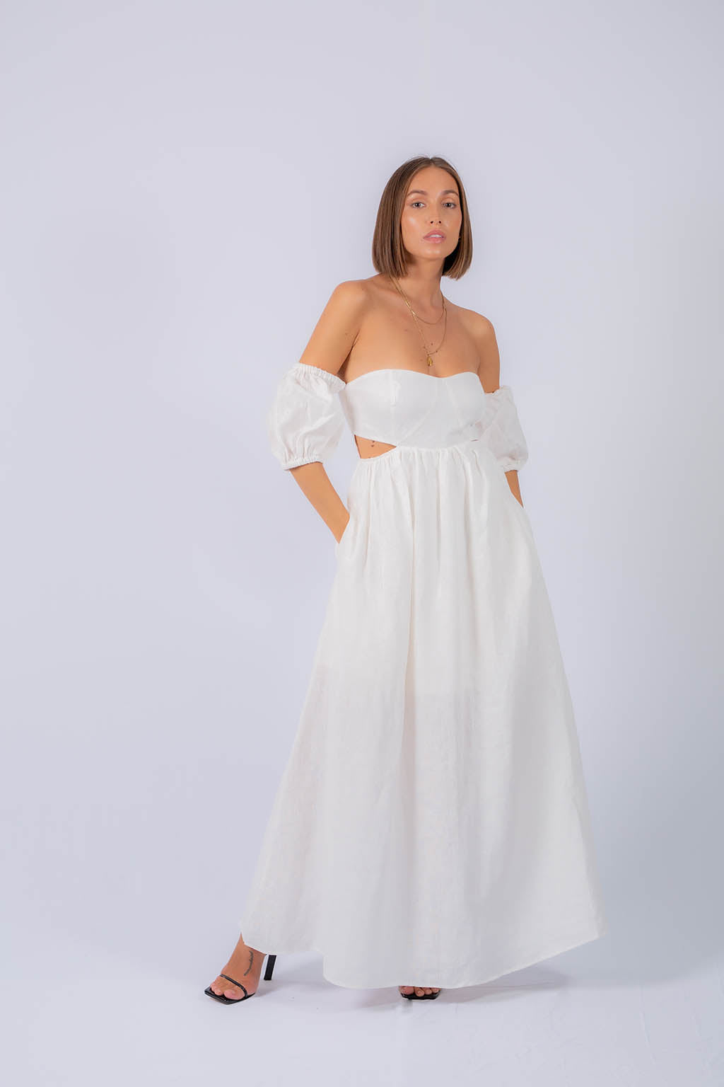 Amelia Linen Maxi off Shoulder Dress with Bustier Bodice