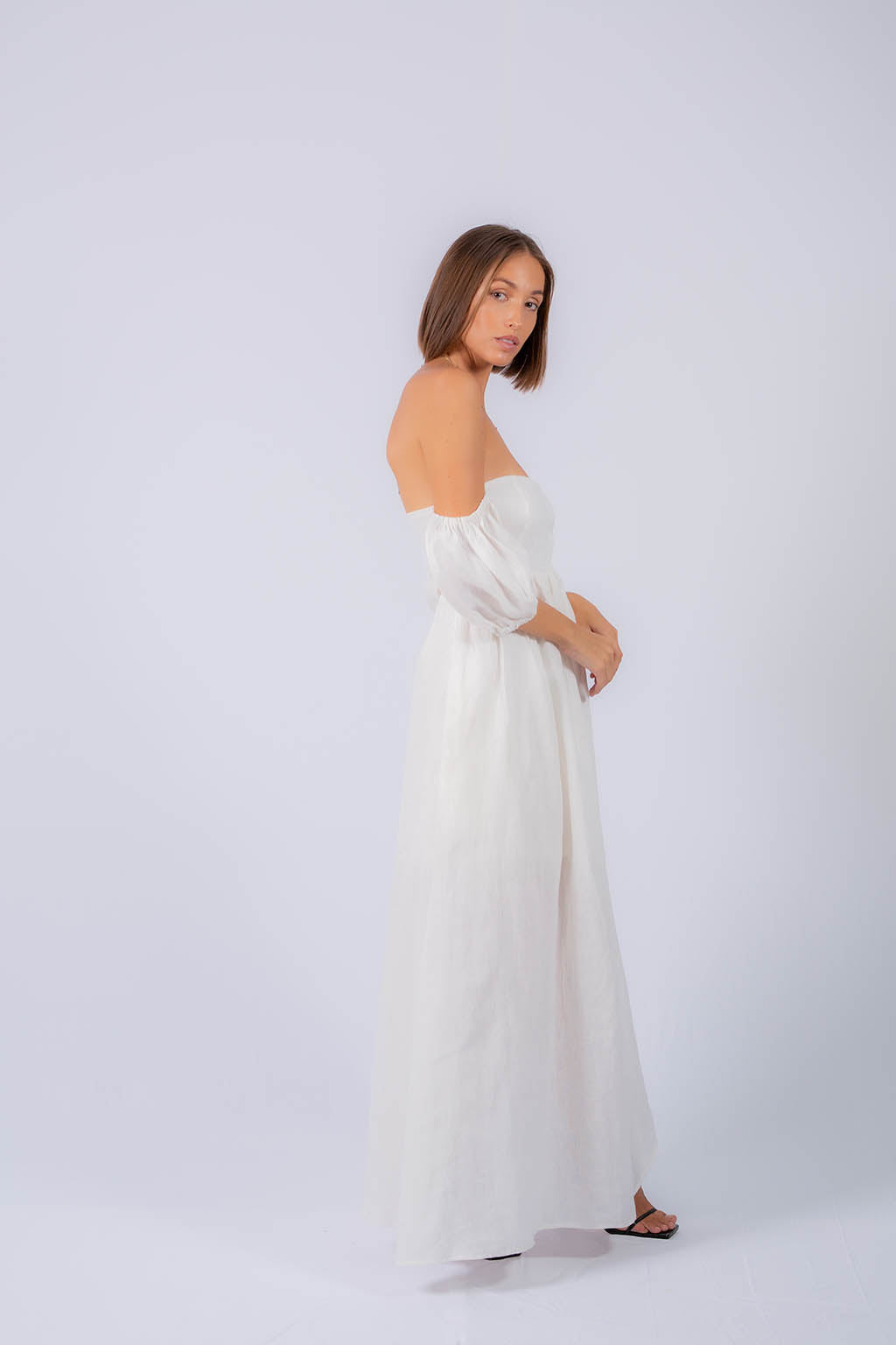 Amelia Linen Maxi off Shoulder Dress with Bustier Bodice