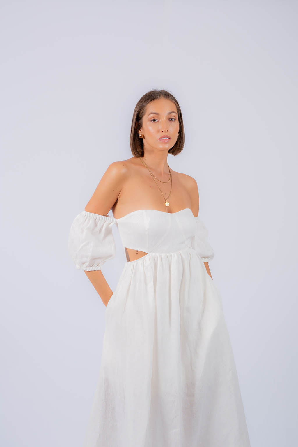 Amelia Linen Maxi off Shoulder Dress with Bustier Bodice