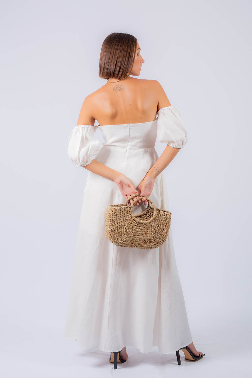 Amelia Linen Maxi off Shoulder Dress with Bustier Bodice