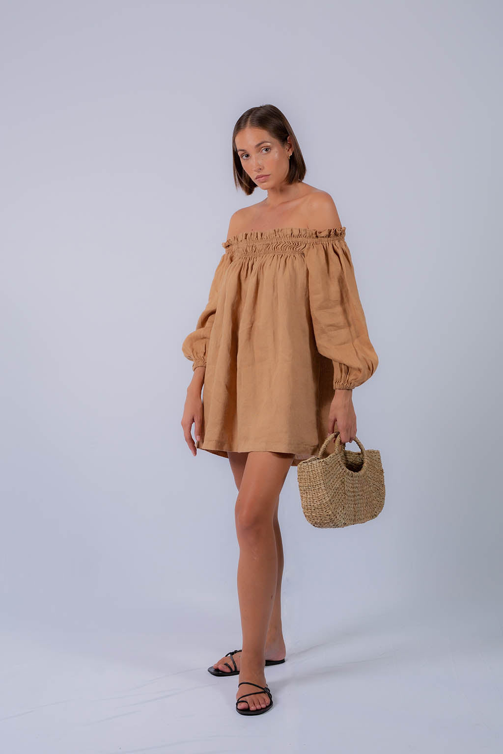 Tally Off Shoulder Mini Linen Dress