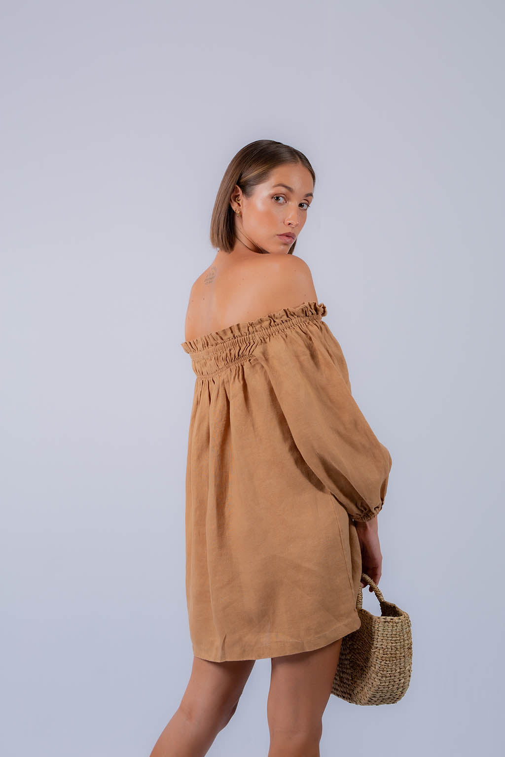 Tally Off Shoulder Mini Linen Dress