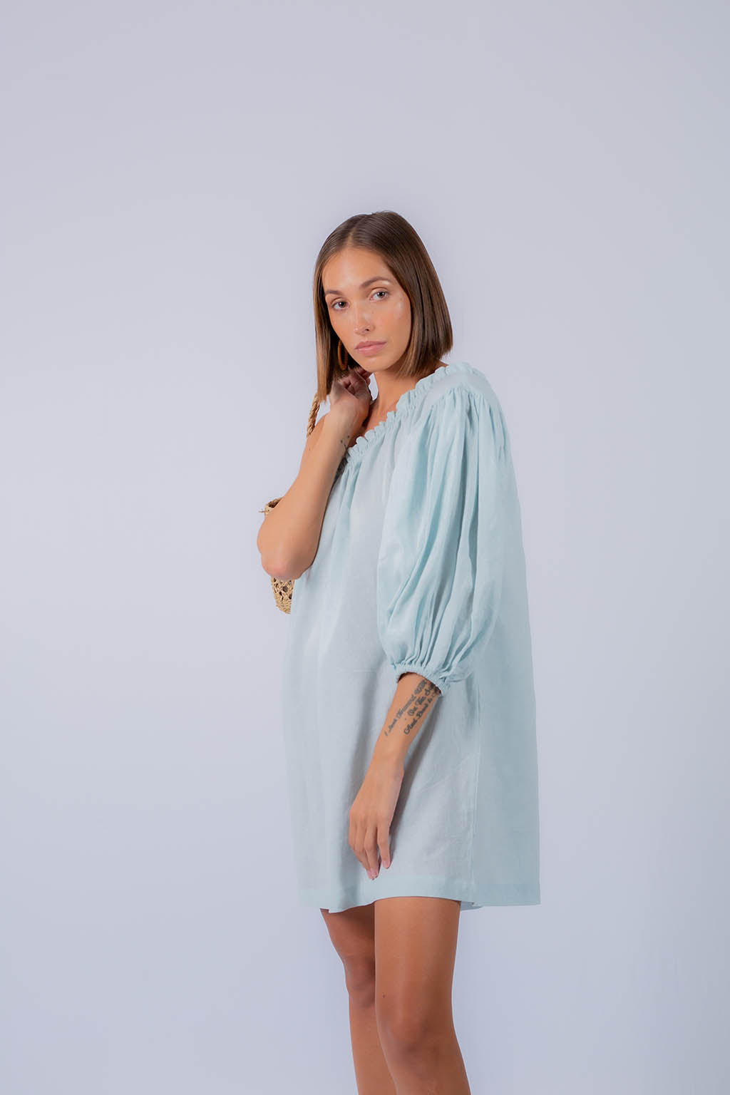 one shoulder flare sleeve mini dress in blue Hollyn One-Shoulder Ruffle Mini Dress Baby Blue