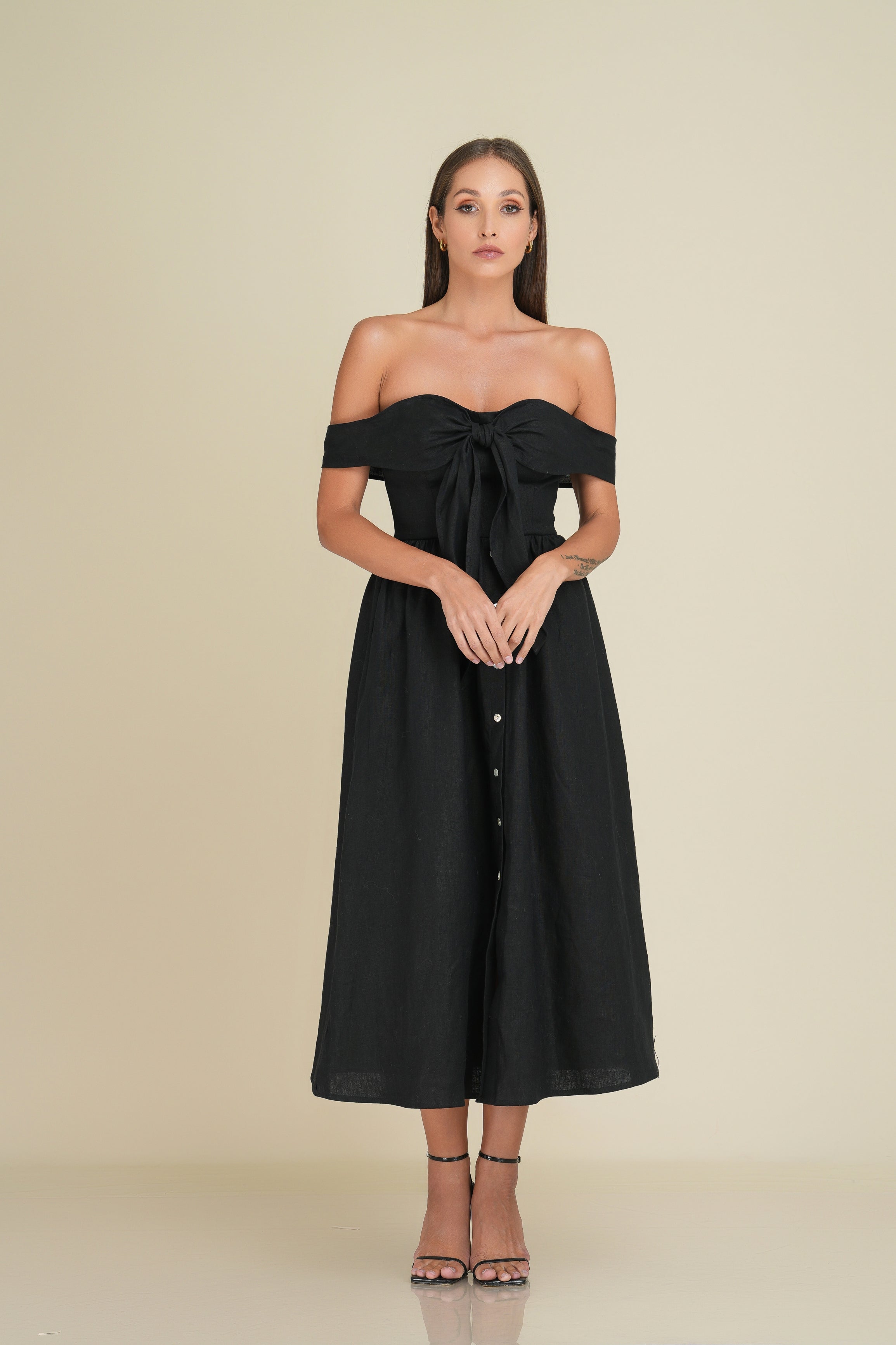 penny linen midi off the shoulder dress