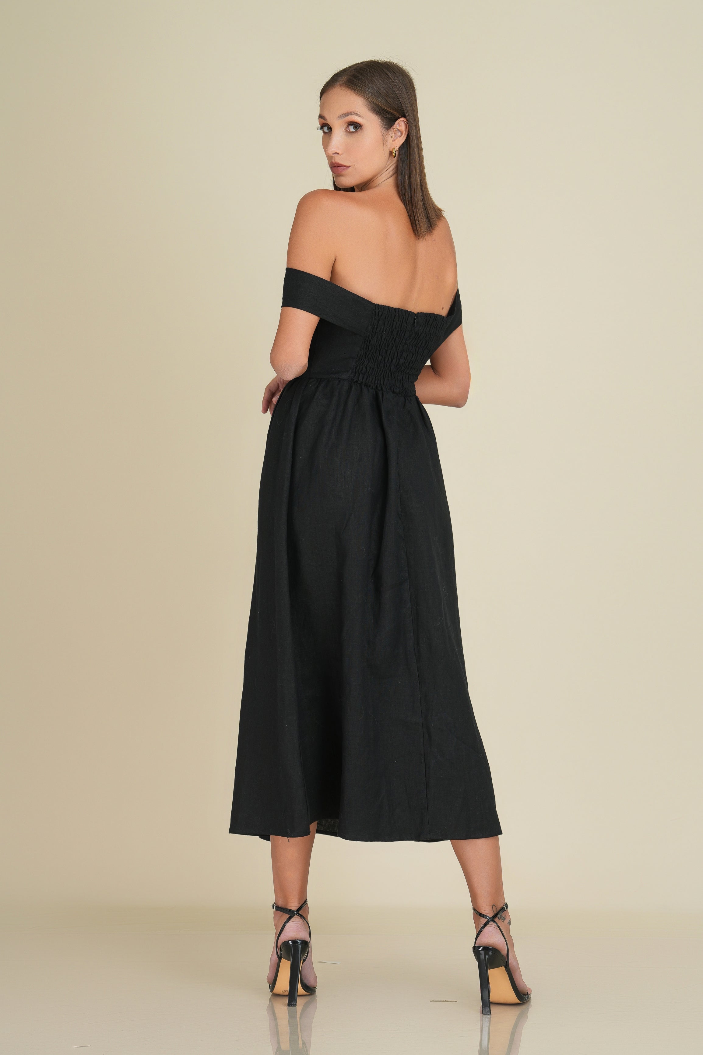 penny linen midi off the shoulder dress